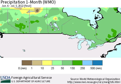 Canada Precipitation 1-Month (WMO) Thematic Map For 6/6/2022 - 7/5/2022