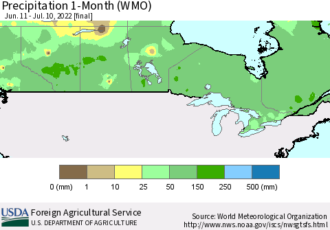 Canada Precipitation 1-Month (WMO) Thematic Map For 6/11/2022 - 7/10/2022