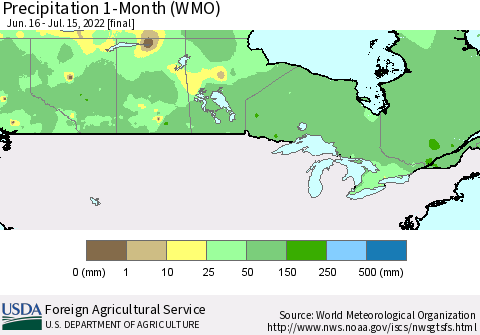 Canada Precipitation 1-Month (WMO) Thematic Map For 6/16/2022 - 7/15/2022