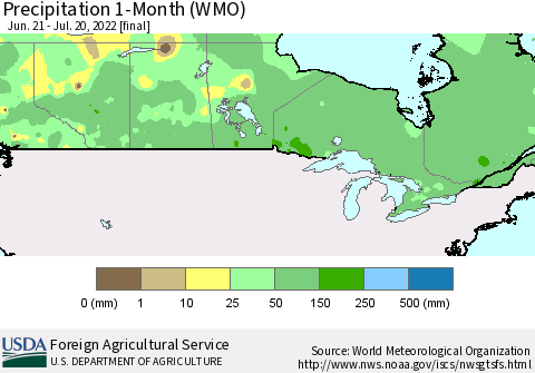 Canada Precipitation 1-Month (WMO) Thematic Map For 6/21/2022 - 7/20/2022
