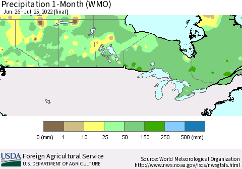 Canada Precipitation 1-Month (WMO) Thematic Map For 6/26/2022 - 7/25/2022