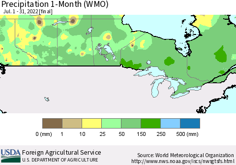 Canada Precipitation 1-Month (WMO) Thematic Map For 7/1/2022 - 7/31/2022