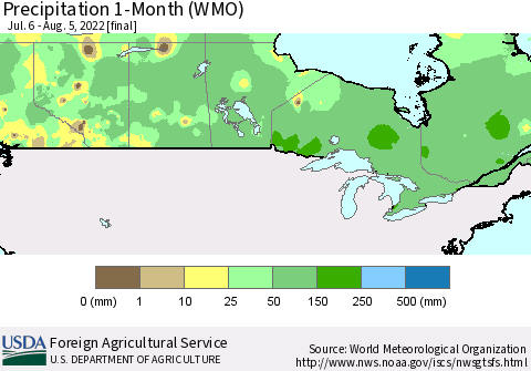 Canada Precipitation 1-Month (WMO) Thematic Map For 7/6/2022 - 8/5/2022