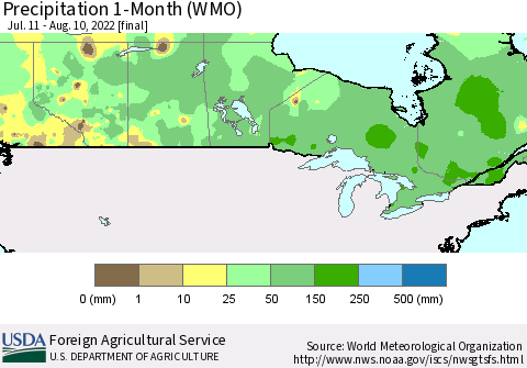 Canada Precipitation 1-Month (WMO) Thematic Map For 7/11/2022 - 8/10/2022