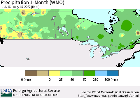 Canada Precipitation 1-Month (WMO) Thematic Map For 7/16/2022 - 8/15/2022