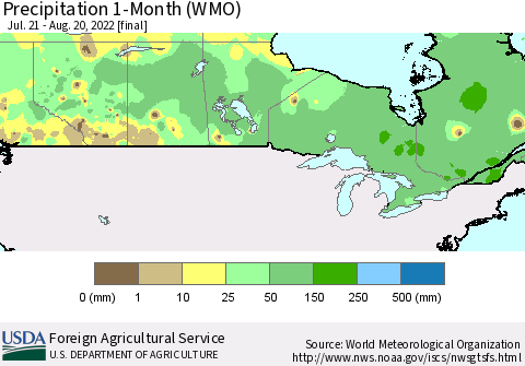 Canada Precipitation 1-Month (WMO) Thematic Map For 7/21/2022 - 8/20/2022
