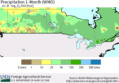 Canada Precipitation 1-Month (WMO) Thematic Map For 7/26/2022 - 8/25/2022