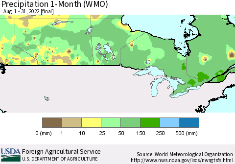 Canada Precipitation 1-Month (WMO) Thematic Map For 8/1/2022 - 8/31/2022