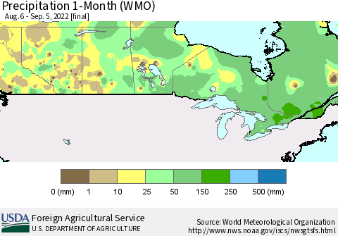 Canada Precipitation 1-Month (WMO) Thematic Map For 8/6/2022 - 9/5/2022