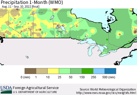 Canada Precipitation 1-Month (WMO) Thematic Map For 8/11/2022 - 9/10/2022