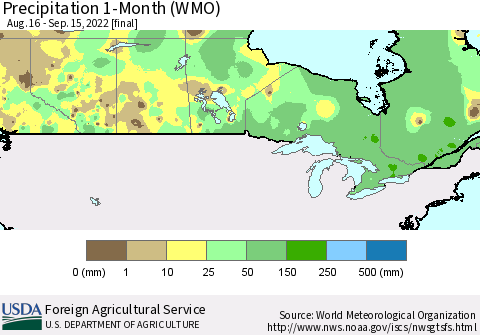 Canada Precipitation 1-Month (WMO) Thematic Map For 8/16/2022 - 9/15/2022