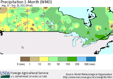 Canada Precipitation 1-Month (WMO) Thematic Map For 8/21/2022 - 9/20/2022