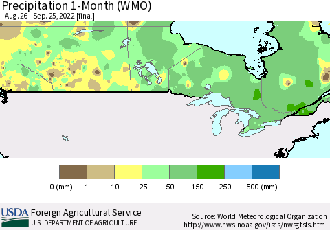Canada Precipitation 1-Month (WMO) Thematic Map For 8/26/2022 - 9/25/2022