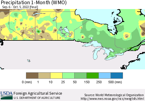 Canada Precipitation 1-Month (WMO) Thematic Map For 9/6/2022 - 10/5/2022