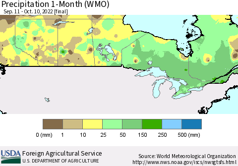 Canada Precipitation 1-Month (WMO) Thematic Map For 9/11/2022 - 10/10/2022