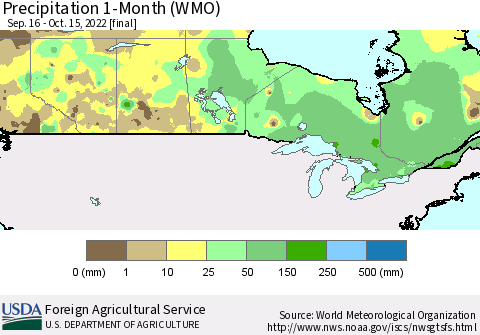 Canada Precipitation 1-Month (WMO) Thematic Map For 9/16/2022 - 10/15/2022
