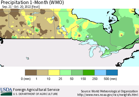 Canada Precipitation 1-Month (WMO) Thematic Map For 9/21/2022 - 10/20/2022