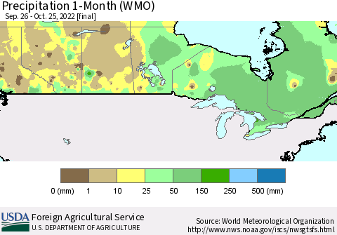 Canada Precipitation 1-Month (WMO) Thematic Map For 9/26/2022 - 10/25/2022