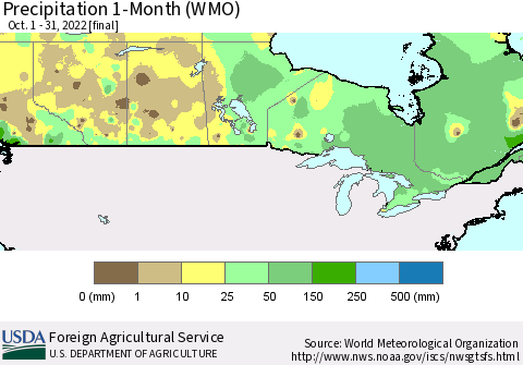Canada Precipitation 1-Month (WMO) Thematic Map For 10/1/2022 - 10/31/2022