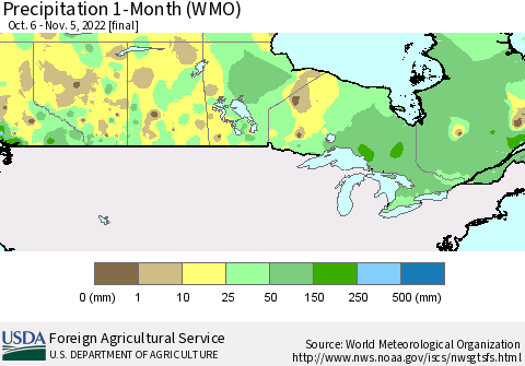 Canada Precipitation 1-Month (WMO) Thematic Map For 10/6/2022 - 11/5/2022