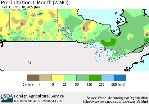 Canada Precipitation 1-Month (WMO) Thematic Map For 10/11/2022 - 11/10/2022