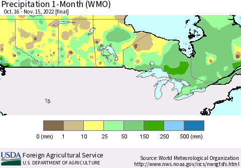 Canada Precipitation 1-Month (WMO) Thematic Map For 10/16/2022 - 11/15/2022