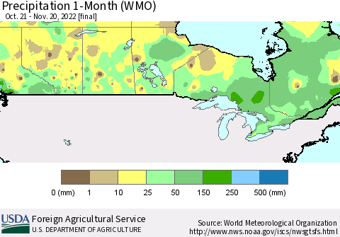 Canada Precipitation 1-Month (WMO) Thematic Map For 10/21/2022 - 11/20/2022