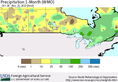 Canada Precipitation 1-Month (WMO) Thematic Map For 10/26/2022 - 11/25/2022
