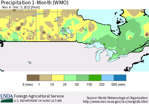 Canada Precipitation 1-Month (WMO) Thematic Map For 11/6/2022 - 12/5/2022