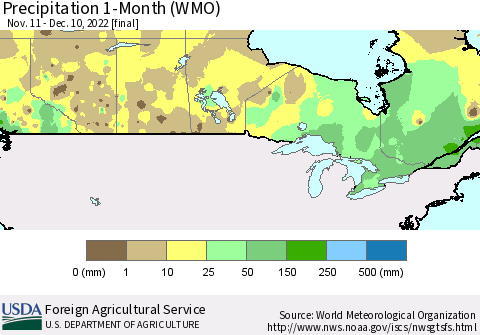 Canada Precipitation 1-Month (WMO) Thematic Map For 11/11/2022 - 12/10/2022