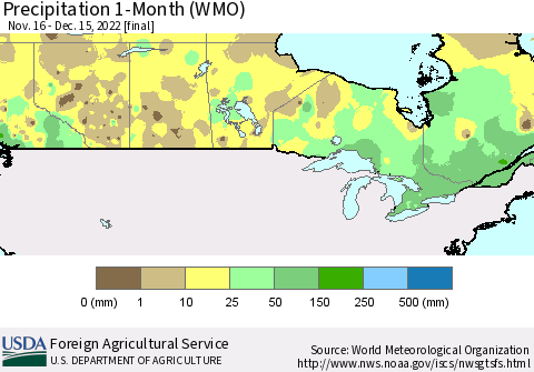 Canada Precipitation 1-Month (WMO) Thematic Map For 11/16/2022 - 12/15/2022