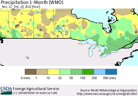 Canada Precipitation 1-Month (WMO) Thematic Map For 11/21/2022 - 12/20/2022