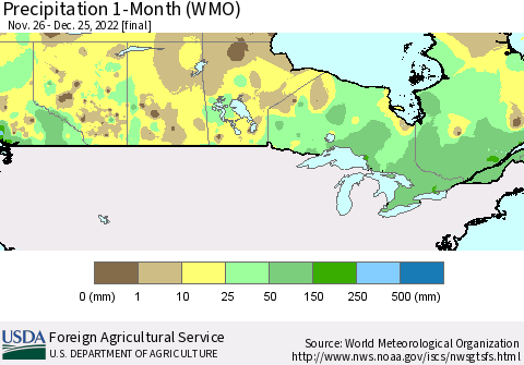 Canada Precipitation 1-Month (WMO) Thematic Map For 11/26/2022 - 12/25/2022