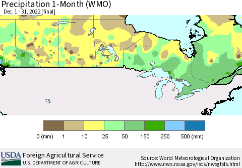 Canada Precipitation 1-Month (WMO) Thematic Map For 12/1/2022 - 12/31/2022