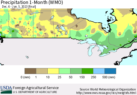 Canada Precipitation 1-Month (WMO) Thematic Map For 12/6/2022 - 1/5/2023