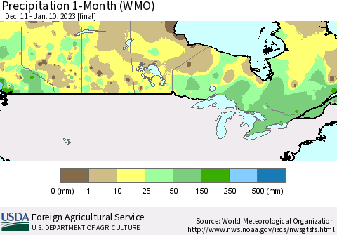 Canada Precipitation 1-Month (WMO) Thematic Map For 12/11/2022 - 1/10/2023