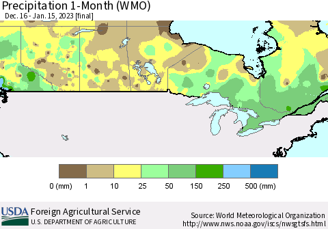 Canada Precipitation 1-Month (WMO) Thematic Map For 12/16/2022 - 1/15/2023