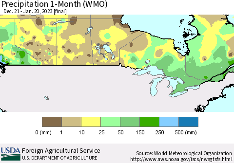 Canada Precipitation 1-Month (WMO) Thematic Map For 12/21/2022 - 1/20/2023