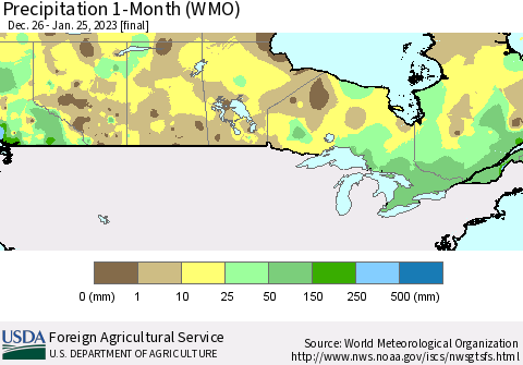 Canada Precipitation 1-Month (WMO) Thematic Map For 12/26/2022 - 1/25/2023