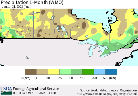 Canada Precipitation 1-Month (WMO) Thematic Map For 1/1/2023 - 1/31/2023