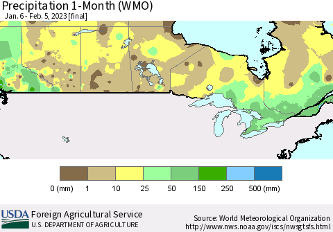 Canada Precipitation 1-Month (WMO) Thematic Map For 1/6/2023 - 2/5/2023