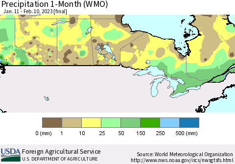 Canada Precipitation 1-Month (WMO) Thematic Map For 1/11/2023 - 2/10/2023