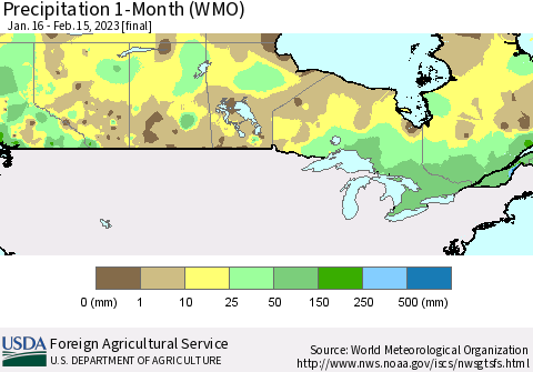 Canada Precipitation 1-Month (WMO) Thematic Map For 1/16/2023 - 2/15/2023