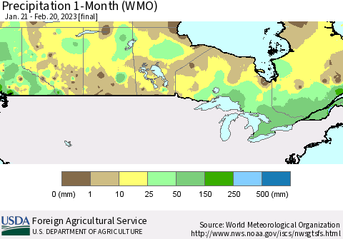 Canada Precipitation 1-Month (WMO) Thematic Map For 1/21/2023 - 2/20/2023