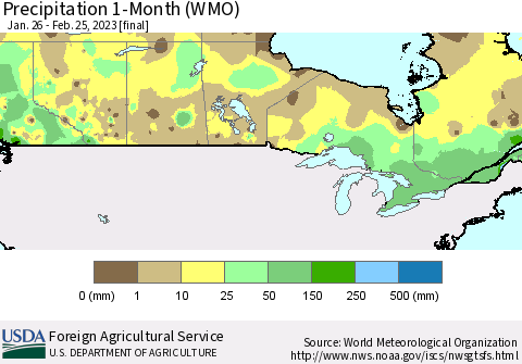 Canada Precipitation 1-Month (WMO) Thematic Map For 1/26/2023 - 2/25/2023
