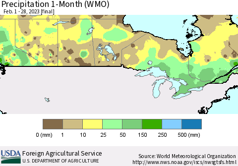 Canada Precipitation 1-Month (WMO) Thematic Map For 2/1/2023 - 2/28/2023