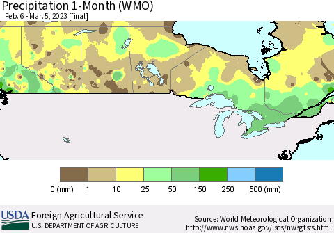 Canada Precipitation 1-Month (WMO) Thematic Map For 2/6/2023 - 3/5/2023