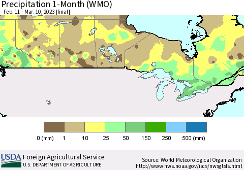 Canada Precipitation 1-Month (WMO) Thematic Map For 2/11/2023 - 3/10/2023