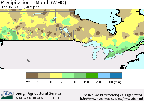 Canada Precipitation 1-Month (WMO) Thematic Map For 2/16/2023 - 3/15/2023