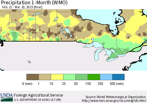 Canada Precipitation 1-Month (WMO) Thematic Map For 2/21/2023 - 3/20/2023